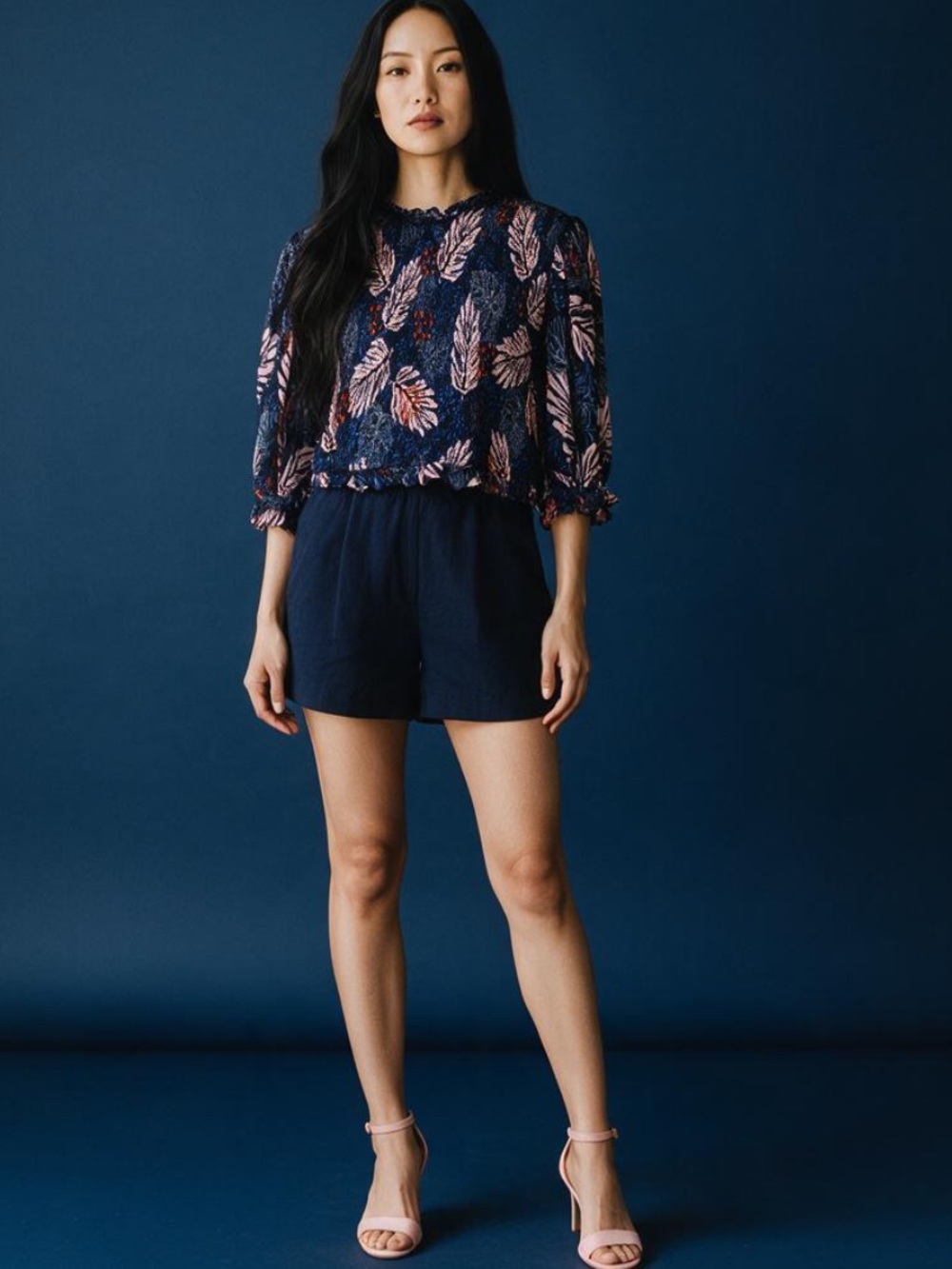 Zara Navy Blue Floral Smocked Crop Top with Pink & Rust Accents